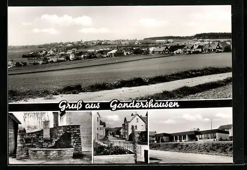 AK Gondershausen, Panorama, Brunnen, Strassenpartie mit Wohnhäusern
