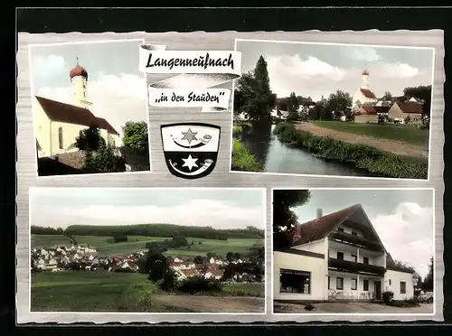AK Langenneufnach /Landkreis Augsburg, Ortspartie am Fluss, Gesamtansicht, Kirche