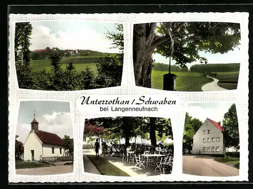 AK Unterrothan /Schwaben, Gaststätte mit Besuchern, Kirche, Waldpartie