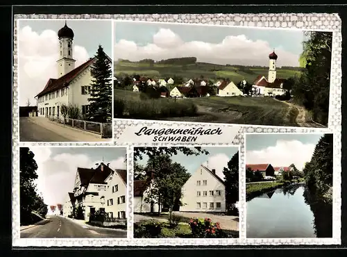 AK Langenneufnach /Schwaben, Ortsansicht mit Kirche, Partie am Fluss, Strassenpartie