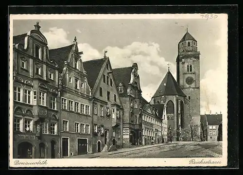 AK Donauwörth, Reichstrasse mit Bäckerei Josef Häusler und Kirche