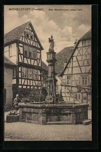AK Michelstadt /Hessen, Alter Marktbrunnen, Fachwerkhaus