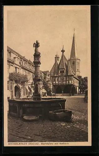 AK Michelstadt /Hessen, Marktplatz mit Brunnen und Rathaus