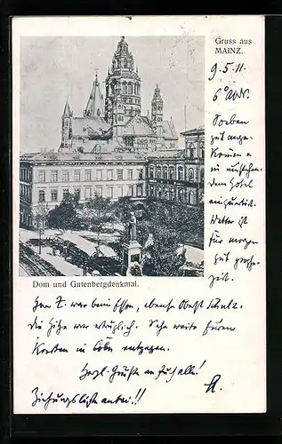 AK Mainz, Dom und Gutenbergdenkmal
