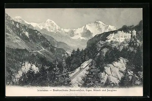 AK Interlaken, Drahtseilbahn Heimwehfluh, Eiger, Mönch und Jungfrau, Bergbahn