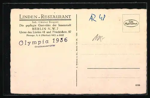 AK Berlin, Linden Restaurant, Inh. Günter Siegert, Unter den Linden 44