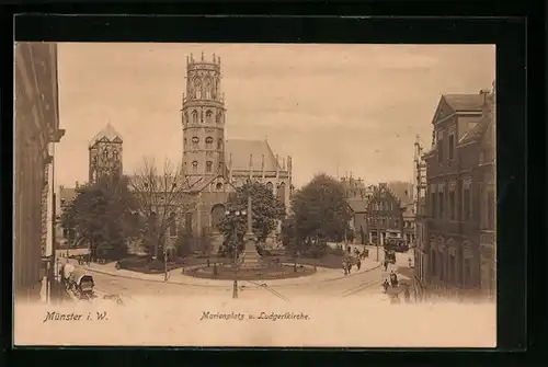 AK Münster i. W., Marienplatz und Ludgerikirche mit Strassenbahn