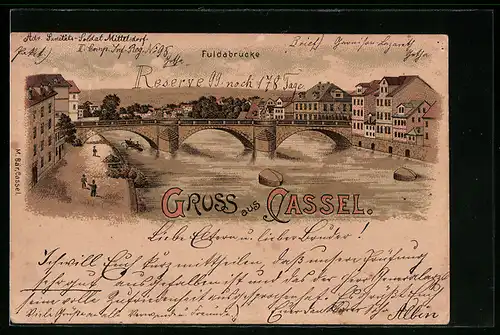 Lithographie Cassel, Ortspartie mit Fuldabrücke