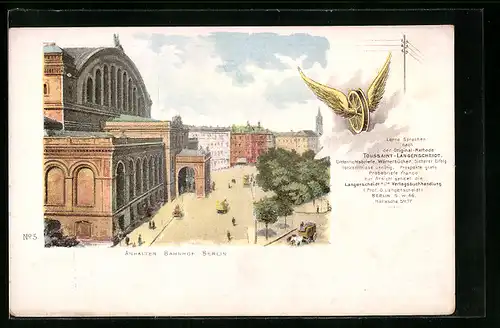 Künstler-AK Berlin-Kreuzberg, Anhalter Bahnhof mit Strasse