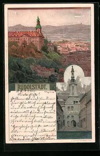 Künstler-AK Albert Stagura: Rudolstadt, Ortsansicht, Eingang zum Ratskeller