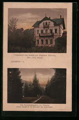 AK Jocketa i. V., Teilansicht des Hotels zur Vogtländ. Schweiz, Pyramidenwiese