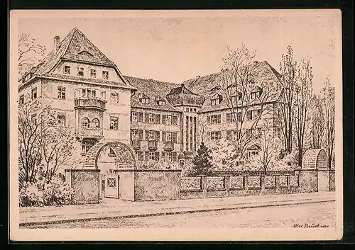 Künstler-AK Berlin-Dahlem, Burckhardt-Haus mit Strassenpartie