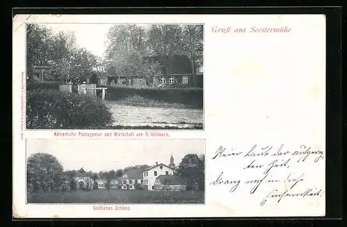 AK Seestermühle, Kaiserliche Postagentur und Gasthaus von O. Hüllmann, Gräfliches Schloss