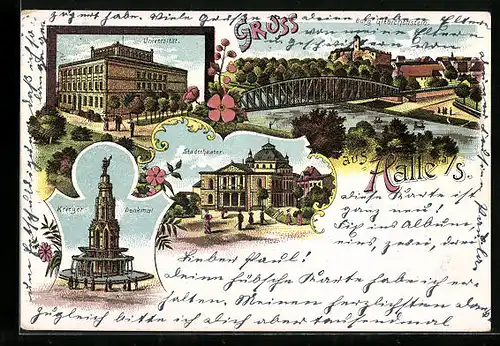 Lithographie Halle a. S., Universität, Stadttheater, Krieger-Denkmal