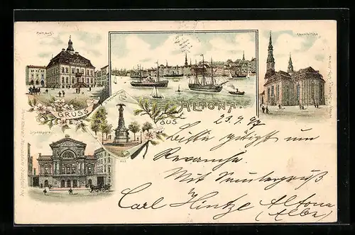 Lithographie Hamburg-Altona, Stadttheater, Rathaus, Hauptkirche