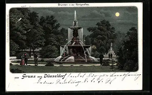 Lithographie Düsseldorf, Brunnen in der Königsallee bei Mondschein