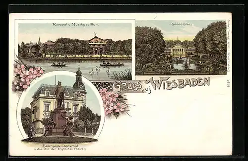 Lithographie Wiesbaden, Kursaal und Musikpavillon, Kursaalplatz, Bismarck-Denkmal und Institut der Englischen Fräulein