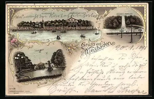 Lithographie Wiesbaden, Kursaal und Musikpavillon, Kurhaus, Grosse Fontaine