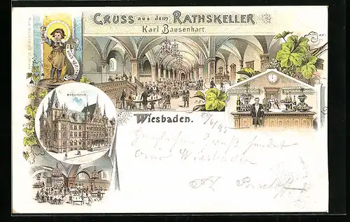 Lithographie Wiesbaden, Rathaus mit Gasthaus Ratskeller, Innenansichten