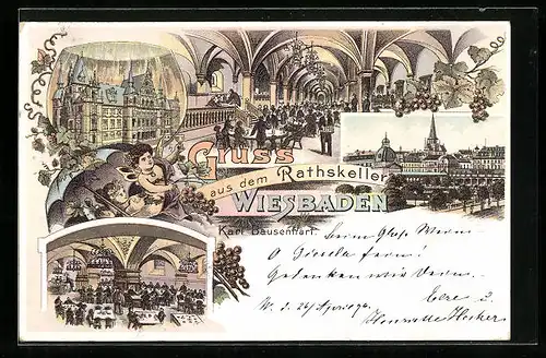Lithographie Wiesbaden, Gasthaus Ratskeller, Innenansichten