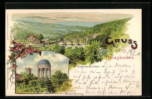 Lithographie Wiesbaden, Tempel Neroberg, Bergbahn im Nerothal