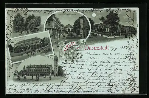 Mondschein-Lithographie Darmstadt, Saalbau, Grossherzogliche Orangerie, Katholische Kirche in der Wilhelminenstrasse