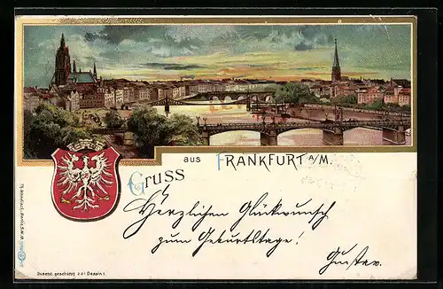 Lithographie Frankfurt a. M., Teilansicht mit Brücken am Abend, Wappen