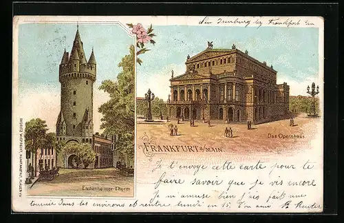 Lithographie Frankfurt a. Main, Das Opernhaus, Eschenheimer Turm