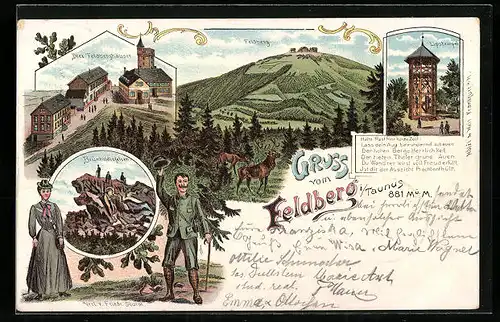 Lithographie Feldberg i. Taunus, Drei Feldberghäuser, Lipstempel, Bünhildisfelsen