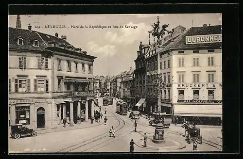 AK Mulhouse, Place de la Répulique et Rue Sauvage, Strassenbahn
