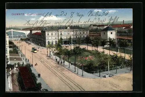 AK Chemnitz, Strassenbahn vor dem Hauptbahnhof