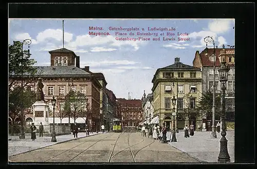 AK Mainz, Gutenbergplatz und Ludwigstrasse mit Strassenbahn