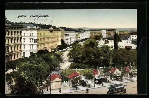 AK Brünn / Brno, Grand Hotel am Palackýring, Strassenbahn