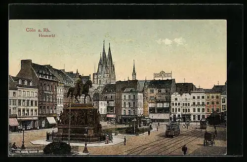 AK Köln /Rh., Reiterdenkmal und Strassenbahnen auf dem Heumarkt