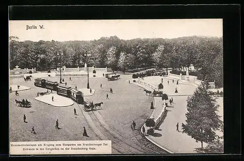 AK Berlin, Eingang zum Tiergarten am Brandburger Tor, Strassenbahn