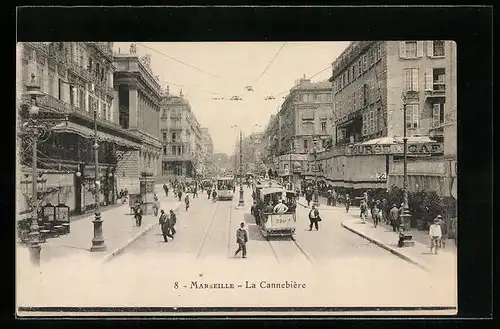 AK Marseille, La Cannebière, Strassenbahn