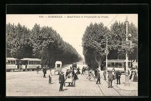 AK Marseille, Rond-Point et Promenade du Prado, Strassenbahn