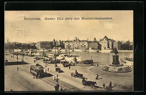 AK Stockholm, Gustav III:s staty och Blasieholmshamnen, Strassenbahn