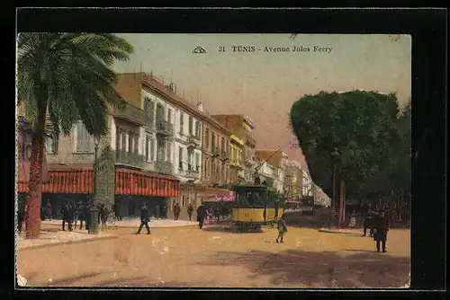 AK Tunis, Avenue Jules Ferry, Strassenbahn
