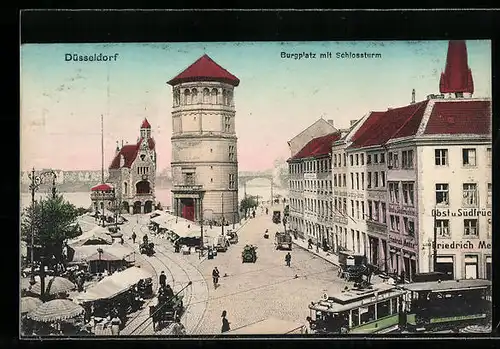 AK Düsseldorf, Burgplatz mit Schlossturm, Strassenbahn