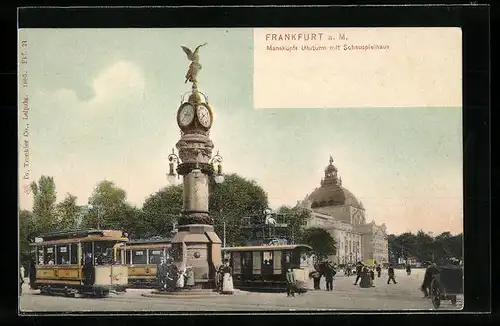 AK Frankfurt a. M., Manskopfs Uhrturm mit Schauspielhaus, Strassenbahn