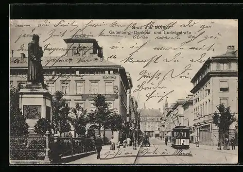 AK Mainz, Gutenberg-Denkmal und Ludwigstrasse, Strassenbahn