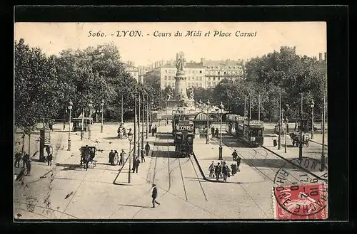 AK Lyon, Cours du Midi et Place Carnol, Strassenbahnen