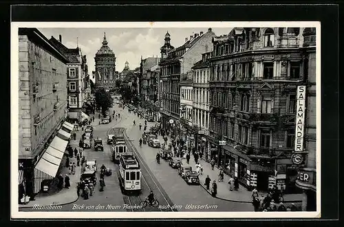 AK Mannheim, Blick von den Neuen Planken nach dem Wasserturm, Strassenbahn