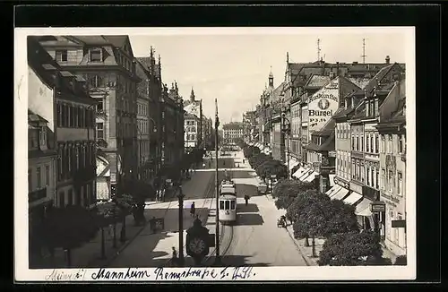 AK Mannheim, Strohmarkt und Planken, Strassenbahn