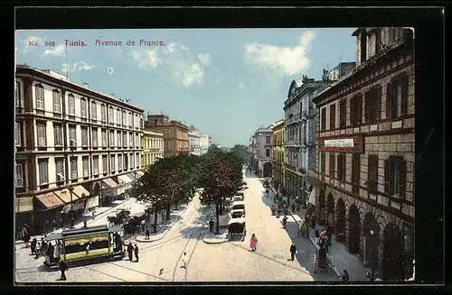 AK Tunis, Avenue de France, Strassenbahn