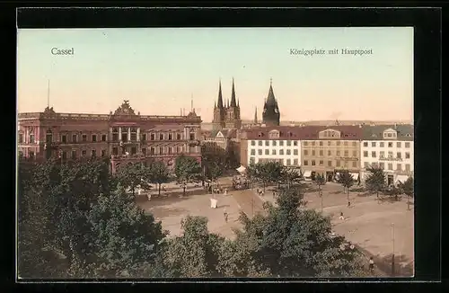 AK Cassel, Königsplatz mit Hauptpost, Strassenbahn