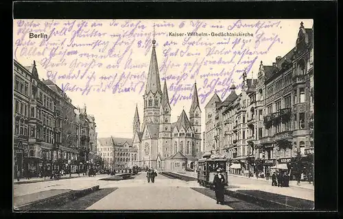 AK Berlin, Kaiser-Wilhelm-Gedächtniskirche, Strassenbahn