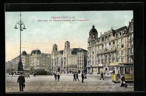 AK Frankfurt a. M., Blick nach der Hohenzollernstrasse vom Hauptbahnhof, Strassenbahn
