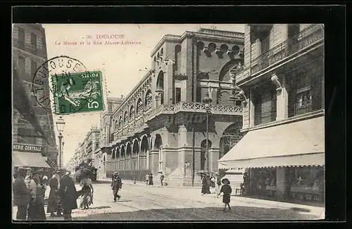 AK Toulouse, le Musée et la rue Alsace-Lorraine, Strassenbahn